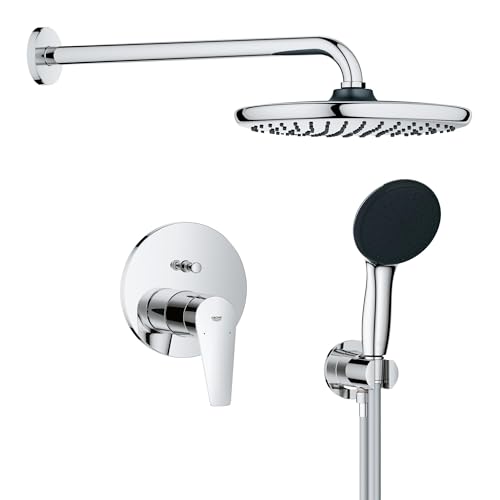 GROHE StartEdge 250, Unterputz Duschsystem (25cm Regendusche mit Mischbatterie, Kopfbrause 1 Strahlart, Duschkopf 2 Strahlarten, Komplettset mit 1,50m Duschschlauch und Wandanschluss), chom, 25293000 von GROHE