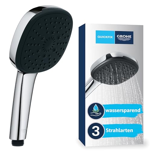 GROHE Vitalio 110, Duschkopf wassersparend, 8l pro Min (Handbrause 3 Strahlarten & leicht per Drehregler verstellbar, Standardanschluss, Silikonring schützt bei Stürzen), eckig, chrom, 26092001 von GROHE