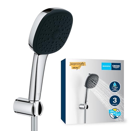 GROHE Vitalio 110, Duschkopf mit Schlauch und Halterung, wassersparend, 8l pro Min (Handbrause 3 Strahlarten, Universalanschluss, Duschbrause mit Duschschlauch 1,5m, Halterung klebbar) chrom, 26176001 von GROHE