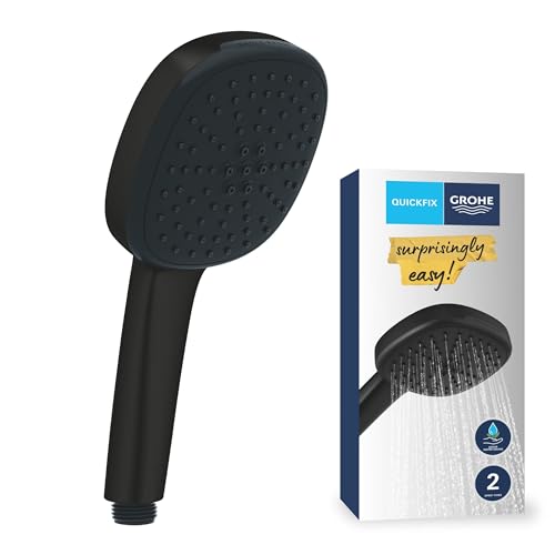 GROHE Vitalio 110, Duschkopf wassersparend, 8l pro Min (Handbrause 2 Strahlarten, per Drehregler verstellbar, Universalanschluss, Silikonring schützt Duschbrause bei Stürzen), rund, schwarz, 263972431 von GROHE