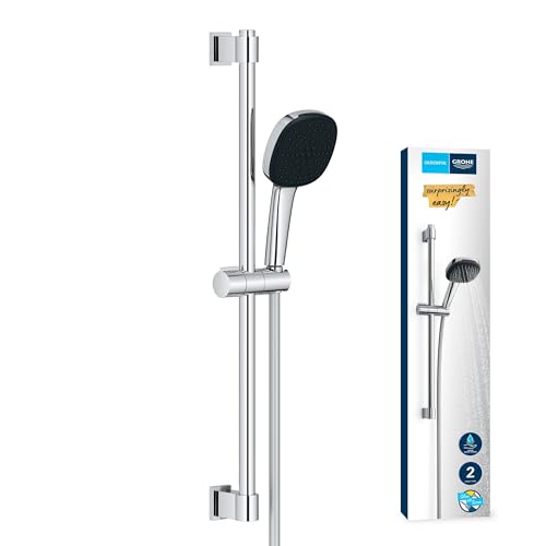 GROHE Vitalio 110, Duschset wassersparend, 8l pro Min (Brausestangenset mit: Duschkopf 2 Strahlarten, 1,75m Schlauch, Duschstange 60cm, zum Kleben oder Bohren, ohne Kleber), eckig, chrom, 26398001 von GROHE