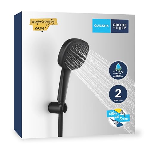 GROHE Vitalio 110, Duschkopf mit Schlauch und Halterung, wassersparend, 8l pro Min (Handbrause 2 Strahlarten, Duschbrause mit Duschschlauch 1,5m, Halterung klebbar), eckig, schwarz, 263992431 von GROHE