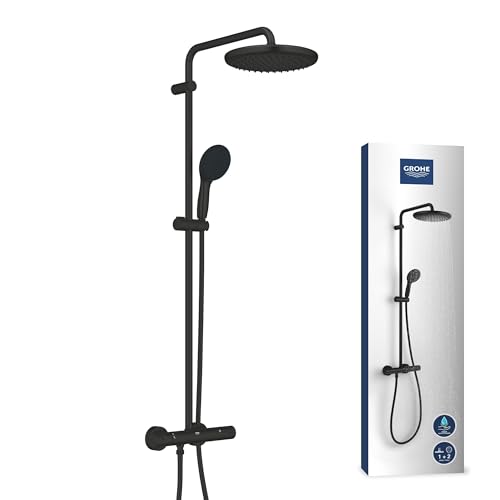 GROHE Vitalio 250, Duschsystem wassersparend 8l pro Min (Regendusche mit Thermostat und schwenkbarem Kopfbrause, Sicherheitssperre bei 38°C, Duschset mit Antikalk-System), rund, schwarz, 266772431 GROHE Vitalio 250, Duschsystem wassersparend 8l pro Min (Regendusche mit Thermostat und schwenkbarem Kopfbrause, Sicherheitssperre bei 38°C, Duschset mit Antikalk-System), rund, schwarz, 266772431 von GROHE