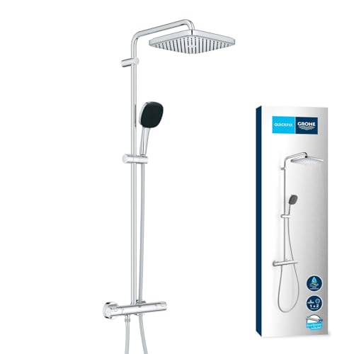 GROHE Vitalio 250 - Duschsystem wassersparend 8,5l/min (2 Strahlarten, schwenkbarer Kopfbrausearm, Sicherheitssperre bei 38°C, Antikalk-System), eckig, chrom, 26696001 von Grohe