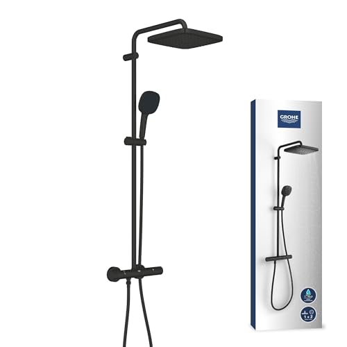 GROHE Vitalio 250, Duschsystem wassersparend 8l pro Min (Regendusche mit Thermostat, schwenkbare Kopfbrause, Sicherheitssperre bei 38°C, Duscharmatur mit Antikalk-System), schwarz, chrom, 266962431 GROHE Vitalio 250, Duschsystem wassersparend 8l pro Min (Regendusche mit Thermostat, schwenkbare Kopfbrause, Sicherheitssperre bei 38°C, Duscharmatur mit Antikalk-System), schwarz, chrom, 266962431 von GROHE