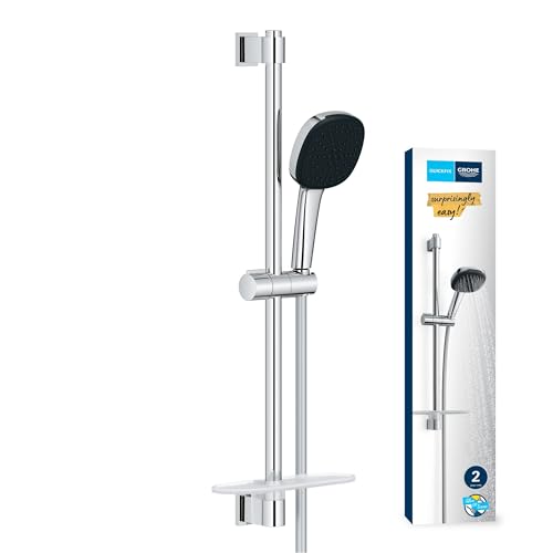 GROHE Vitalio 110 - Brausestangenset ~14l/min (2 Strahlarten, Brausestange 60cm + Ablage, Kleben oder Bohren), eckig, chrom, 26929001 von Grohe