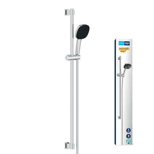 GROHE Vitalio 110, Duschset wassersparend, 8l pro Min (Duschstangenset mit: Duschkopf 3 Strahlarten, 1,75m Schlauch, Duschstange 90cm, zum Kleben oder Bohren, ohne Kleber), eckig, chrom, 26932001 von GROHE