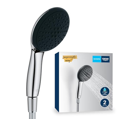 GROHE Vitalio 110, Duschkopf mit Schlauch, wassersparend, 6l pro Min (Handbrause 2 Strahlarten, Universalanschluss, Duschbrause mit Duschschlauch 1,5m und Wandhalter klebbar), rund, chrom, 2696010E von GROHE