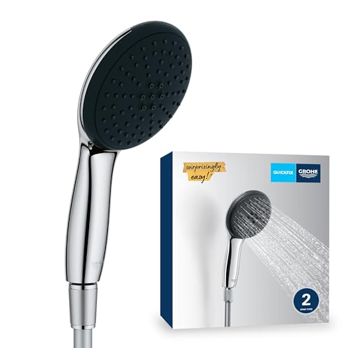 GROHE Vitalio 110, Duschkopf mit Schlauch, 14l pro Min (Handbrause 2 Strahlarten, Universalanschluss, Silikonring schützt bei Stürzen, Duschbrause mit Duschschlauch 1,5m), rund, chrom, 26972001 von GROHE