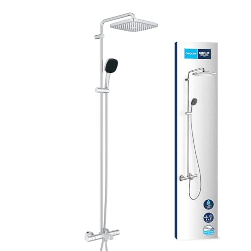 GROHE Vitalio 250, Duschsystem mit Badewannenarmatur, wassersparend 8l pro Min (Regendusche mit Wannenthermostat, schwenkbare Kopfbrause, Sicherheitssperre bei 38°C), eckig, chrom, 26984001 von GROHE