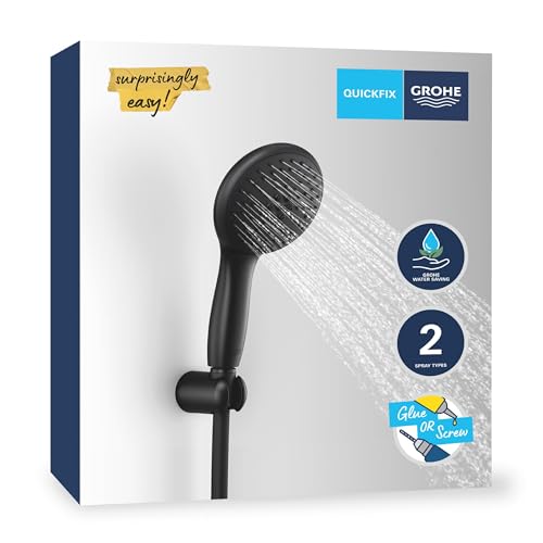 GROHE Vitalio 110, Duschkopf mit Schlauch und Halterung, wassersparend, 8l pro Min (Handbrause 2 Strahlarten, Duschbrause mit Duschschlauch 1,5m, Halterung klebbar), rund, schwarz, 279502431 von GROHE