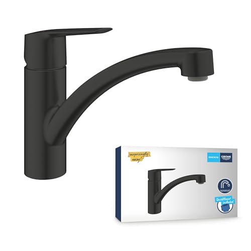 GROHE Start, Küchenarmatur mit flachem Auslauf (Wasserhahn für die Küche, 140° schwenkbar, wassersparend dank variabler Mengenbegrenzung, werkzeugfreie Spülbecken-Montage), schwarz, 305302432 von GROHE