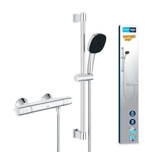 GROHE Precision Trend - Thermostat Brauseset wassersparend ~8l/min (3 Strahlarten, CoolTouch - kein Verbrühen am Thermostat, 60cm Brausestange, inkl. Montagewerkzeug), eckig, chrom, 34237003 von Grohe