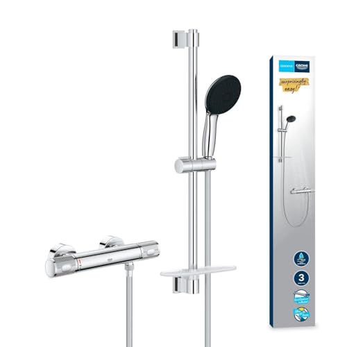 GROHE Precision Feel, Duschset mit Thermostat wassersparend, 8l pro Min (Duscharmatur hält Temperatur konstant, Duschkopf 3 Strahlarten, 1,75m Schlauch, Duschstange 60cm, 3in1 Tool), chrom, 34791001 von GROHE