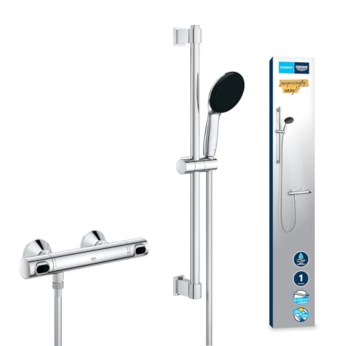 GROHE Precision Flow - Thermostat Brauseset wassersparend 8l/min (1 Strahlart, Sicherheitssperre bei 38°C, 60cm Brausestange, inkl. Montagewerkzeug), rund, chrom, 34800001 von Grohe