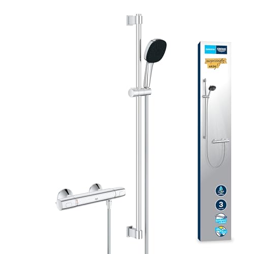 GROHE Precision Trend, Duschset mit Thermostat wassersparend, 8l pro Min (Duscharmatur hält Temperatur konstant, Duschkopf 3 Strahlarten, 1,75m Schlauch, Duschstange 90cm, 3in1 Tool), chrom, 34855003 von GROHE