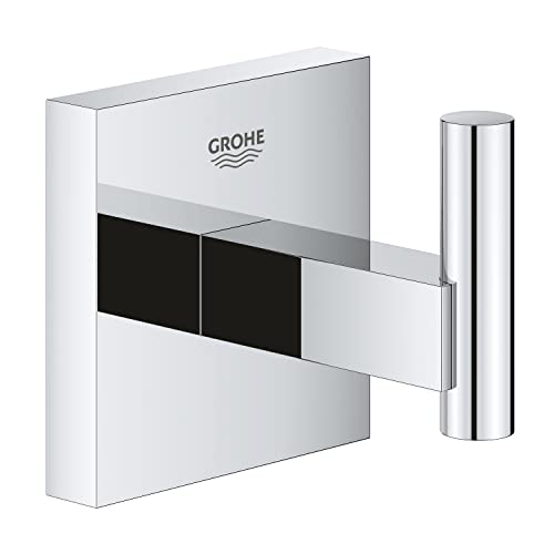GROHE Start Cube, Bademantelhaken ohne Bohren (Handtuchhalter mit verdeckter Befestigung, zum Kleben oder Bohren, mit Schrauben und Dübel, ohne Kleber), eckig, chrom, 40961000 von GROHE