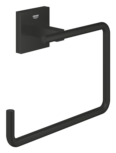 GROHE Start Cube, Handtuchring ohne Bohren (Handtuchhalter eckig, zum Kleben oder Bohren, inkl. Schrauben & Dübel, ohne Kleber, 5kg belastbar, verdeckte Befestigung), eckig, schwarz, 409752430 von GROHE