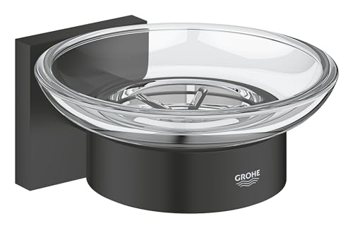 GROHE Start Cube, klebbare Seifenschale für das Bad, ohne Bohren (bis 5kg belastbar, mit Halter, verdeckte Befestigung, inkl. Schrauben und Dübel, Kleber separat kaufen), eckig, schwarz, 410962430 von GROHE