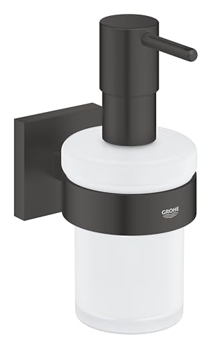 GROHE Start Cube, klebbarer Seifenspender für das Bad, ohne Bohren (Füllmenge 160ml, mit Halter, verdeckte Befestigung, inkl. Schrauben und Dübel, Kleber separat kaufen), eckig, schwarz, 410982430 von GROHE