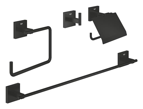 GROHE Start Cube, Bad Accessoire Set 4in1 ohne Bohren (Toilettenpapierhalter, Handtuchhalter, Haken, Badetuchhalter, Bohren oder Kleben, inkl Schrauben & Dübel, ohne Kleber), schwarz, 411152430 GROHE Start Cube, Bad Accessoire Set 4in1 ohne Bohren (Toilettenpapierhalter, Handtuchhalter, Haken, Badetuchhalter, Bohren oder Kleben, inkl Schrauben & Dübel, ohne Kleber), schwarz, 411152430 von GROHE