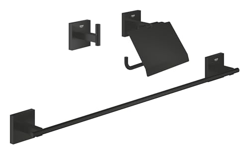 GROHE Start Cube, Bad Accessoire Set 3in1 ohne Bohren (Toilettenpapierhalter, Handtuchhalter, Badetuchhalter, zum Bohren oder Kleben, inkl Schrauben & Dübel, ohne Kleber), schwarz, 411242430 von GROHE