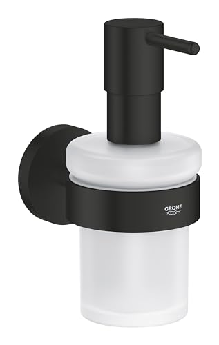 GROHE Start, klebbarer Seifenspender für das Bad, ohne Bohren (Füllmenge: 160ml, mit Halter, verdeckte Befestigung, inkl. Schrauben und Dübel, Kleber separat kaufen), rund, schwarz, 411952430 von GROHE
