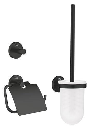 GROHE Start, 3in1 Toilettenset Gästebad, ohne Bohren (Toilettenbürste mit Halterung, Toilettenpapierhalter, Handtuchhalter, Kleben oder Bohren, mit Schrauben & Dübel, ohne Kleber), schwarz, 412042430 von GROHE