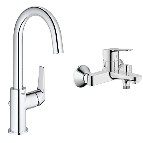 GROHE BauFlow - Einhand-Waschtischarmatur, chrom, 23753000 & BauEdge - Badewannenarmatur (integriertes Rücklaufventil, automatische Umstellung für Badewanne und Dusche, kratzfest), chrom, 23334000 von Grohe