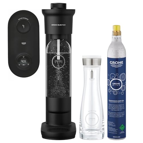 GROHE Blue Fizz Advanced - Wassersprudler inkl. Glaskaraffe (Glaskaraffe: 1l Volumen, CO2-Füllstandsanzeige, 3 Sprudelstufen, inkl. CO2 Flasche, 1x 0,85l Wasserflasche), schwarz von Grohe