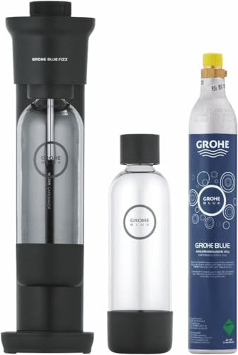 GROHE Blue Fizz - Wassersprudler Starter Set (3 einstellbare CO2 Stufen, inkl. CO2 Flasche, 2x 0,85l Wasserflasche + Reinigungspulver), schwarz von Grohe