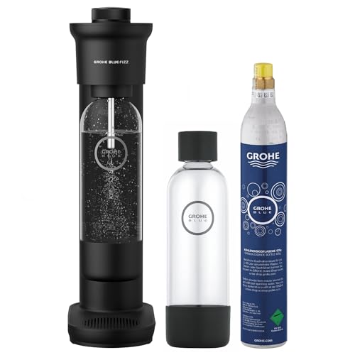 GROHE Blue Fizz - Wassersprudler Starter Set (3 einstellbare CO2 Stufen, inkl. CO2 Flasche, 2x 0,85l Wasserflasche + Reinigungspulver), schwarz von GROHE