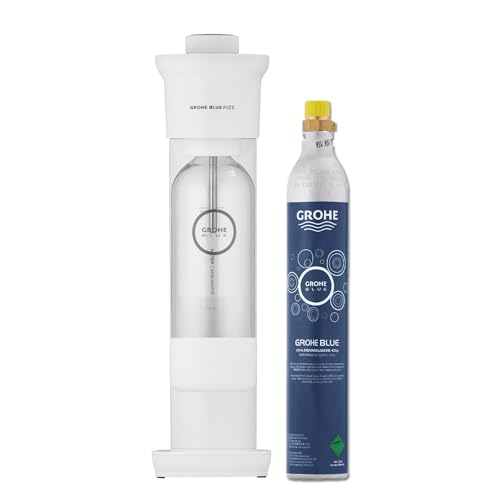 GROHE Blue Fizz, Wassersprudler Starter Set (3 einstellbare Sprudel-Stufen, mit CO2 Flasche, 1x 0,85l Wasserflasche + Reinigungspulver), weiß, 31941L00 von GROHE
