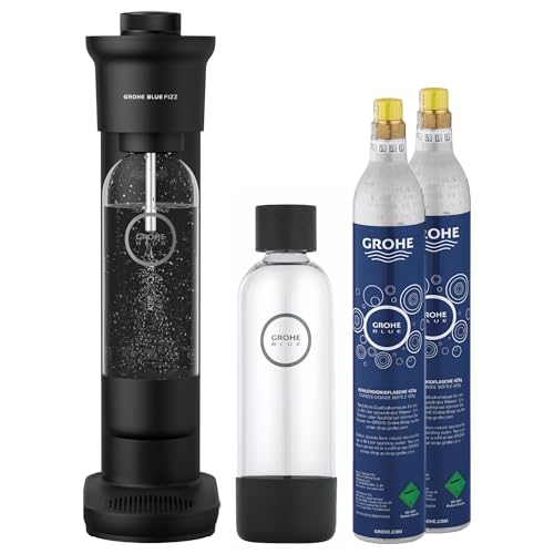 Grohe Blue Fizz - Wassersprudler Duo Set (3 einstellbare CO2 Stufen, inkl. 2 CO2 Flaschen, 2x 0,85l Wasserflasche + Reinigungspulver), schwarz von GROHE