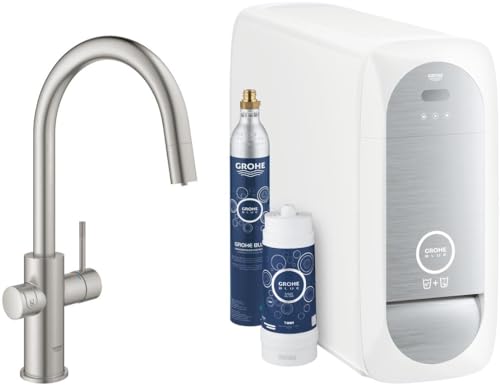 GROHE Blue Home - Starter Kit (C- Auslauf, 3 gefilterte und gekühlte Wasserarten, Schwenkbereich 360°, Bluetooth 4.0* & WIFI Datenkommunikation), supersteel, 31541DC0 von Grohe