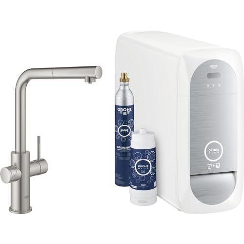 GROHE Blue Home - Starter Kit (L- Auslauf, 3 gefilterte und gekühlte Wasserarten, mit herausziehbarem Mousseur, Schwenkbereich 360°), supersteel, 31539DC0 von Grohe