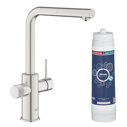 GROHE Blue Pure Minta - Einhand-Spültischbatterie mit Filterfunktion (L-Auslauf, Einlochmontage, herausziehbarer Mousseur, schwenkbarer Auslauf), supersteel, 30601DC0 von Grohe