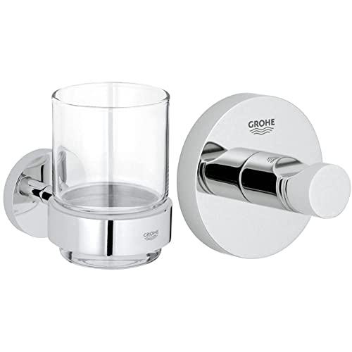 GROHE Essentials - Glas mit Halter, Chrom, 40447001 & Essentials - Bademantelhaken (robuster Haken, langlebige und Pflegeleichte Chromoberfläche, einfache Montage), Chrom, 40364001 von Grohe