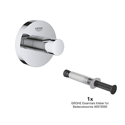 GROHE Essentials Kleber SET | Bad-Accessoires - Bademantelhaken (40364001, chrom) inkl. GROHE Essentials Kleber für Badaccessoires (40915000, 1x) von Grohe