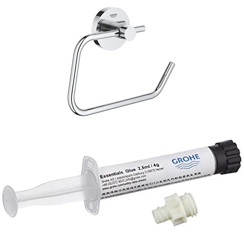 GROHE Essentials Kleber SET | Bad-Accessoires - WC-Papierhalter ohne Deckel (40689001, chrom) inkl. GROHE Essentials Kleber für Badaccessoires (40915000, 1x) von Grohe