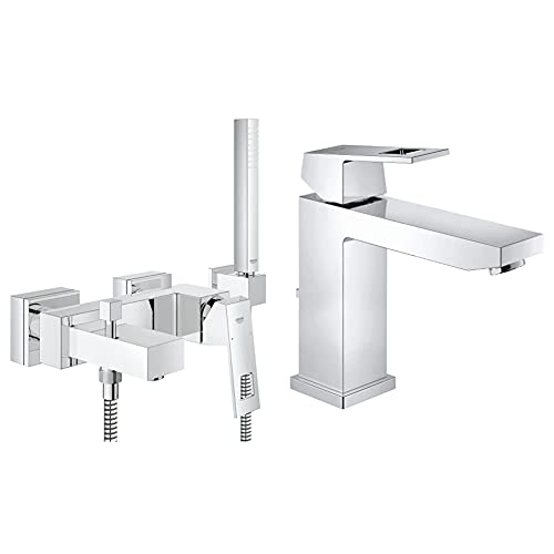 GROHE Eurocube | Wanne - Wannenarmatur | mit HANDBRAUSE, Wandhalter und Schlauch | 23141000 & Eurocube Badarmaturen (Einhand-Waschtischbatterie, DN 15 M-Size) chrom, 23445000 von Grohe