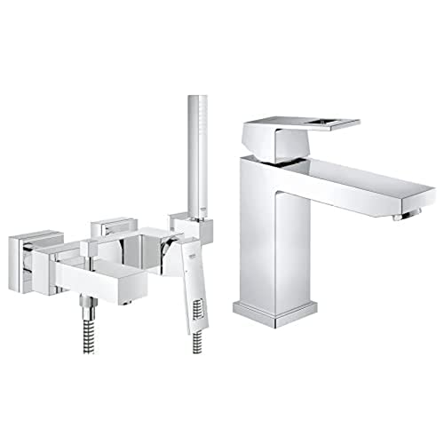 GROHE Eurocube Wanne - Wannenarmatur | mit HANDBRAUSE, Wandhalter und Schlauch | 23141000 & Eurocube Badarmaturen (Einhand-Waschtischbatterie, DN 15 M-Size) chrom, 23446000 von Grohe