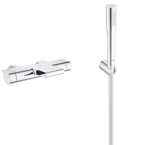 GROHE Grohtherm 2000 - Thermostat- Wannenbatterie (integrierte Wassersparfunktion, XL Wasserfall, Sicherheitssperre bei 38°C), chrom, 34174001 & Vitalio Get - Handbrause, chrom, 27459000 von GROHE