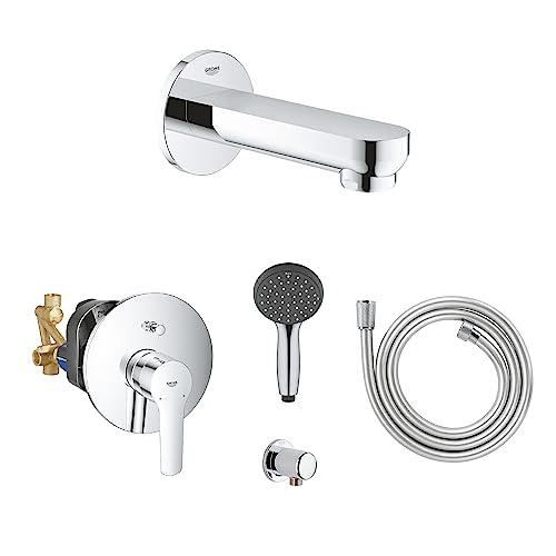 GROHE Installations- Set für die Dusche (inkl. Eurosmart Wanneneinlauf, Start- Wannenarmatur, 1500mm Brauseschlauch, Wandanschlussbogen + Vitalio Start Brausegarnitur), chrom von Grohe