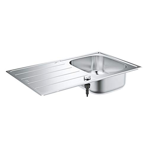 GROHE K200, Küchenspüle 1 Becken 86x50cm (Spülbecken links oder rechts einbaubar, Waschbecken für Unterschränke mit 45cm, mit Ablaufgarnitur, Siebkorb, Montageset), edelstahl, 31552SD1 von GROHE