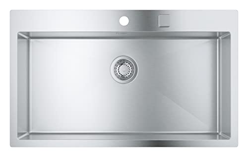 GROHE K800 - Küchenspüle (1 Becken, mit Aufsatz- oder Unterputzmontage, Ausschnitt: 831 x 495 mm, inklusive: Ablaufgarnitur, Siebkorb, Montageset), supersteel, 31584SD1 von GROHE