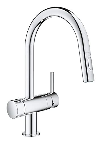 GROHE Minta - 1 Hebel Küchenspüle Ausziehbare Doppelbrause Mischbatterie mit integriertem Absperrventil (hoher C-Auslauf, 90° Schwenkbereich, 46mm Keramikkartusche, Schwänze 3/8 Zoll), Größe 379mm, von GROHE