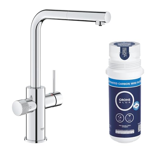 GROHE Minta - Blue Pure Wassersystem - Set (L- Auslauf Spültischbatterie,herausziehbarer Auslauf, inkl. Aktivkohlefilter, Kapazität 1500l, entfernt geschmacksstörende Stoffe), chrom von Grohe