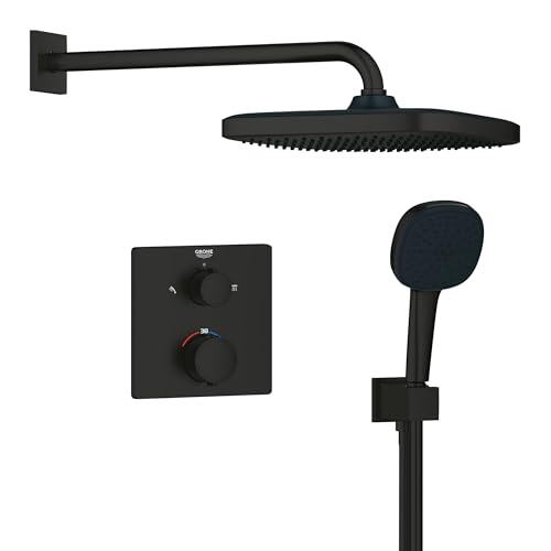 GROHE Precision 250, Unterputz Duschsystem (25cm Regendusche mit Thermostat, Kopfbrause 1 Strahlart, Duschkopf 2 Strahlarten, Komplettset, 1,50m Duschschlauch), eckig, schwarz, 348822430 von GROHE