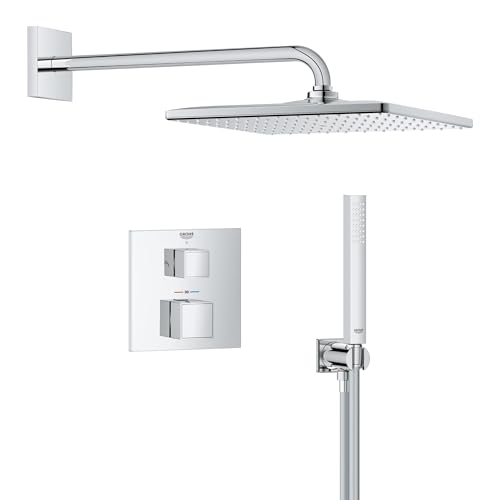GROHE Precision 310 Cube, Unterputz Duschsystem (31cm Regendusche mit Thermostat, Kopfbrause 1 Strahlart, Duschkopf 1 Strahlart, Komplettset, 1,50m Duschschlauch), eckig, chom, 34879000 von GROHE